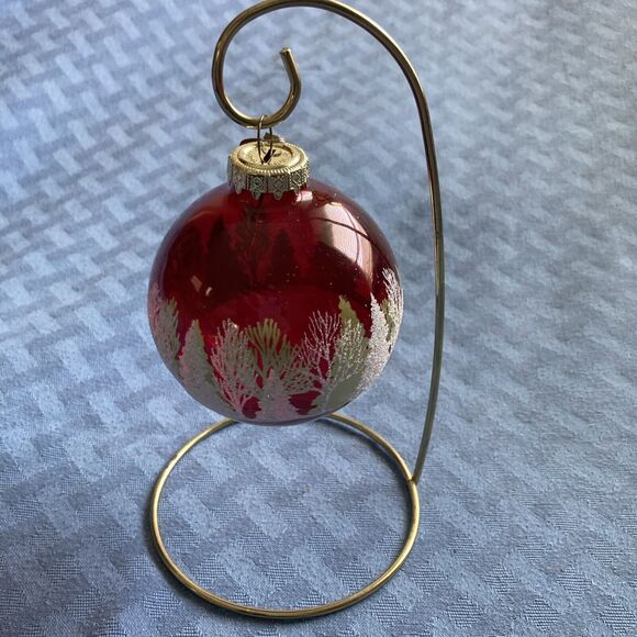 Bronner's Christmas Ornament GOLD Flocked Trees Hungary RED Glass Ball 3" Round - Picture 8 of 8
